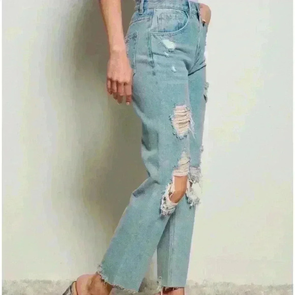 Wide Leg Distressed Denim Jeans - Picture 1 of 3